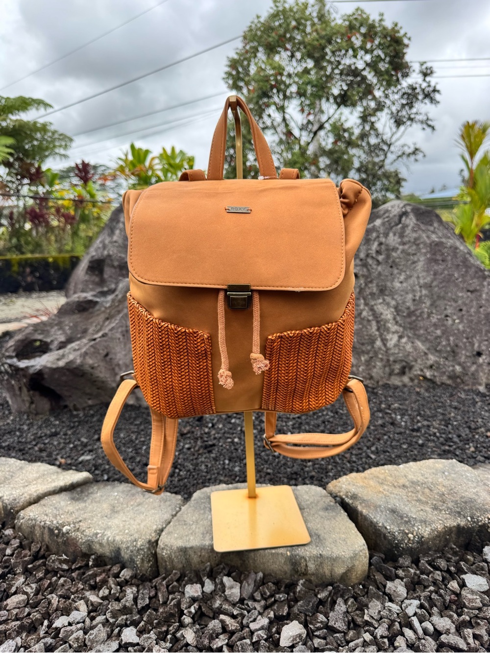 Roxy Tan Faux Suede Backpack Boho Woven Front Pockets Travel Bag